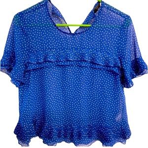 Top Shop Blue Blouse With White Polka Dots And Ruffle Details. Size 6.